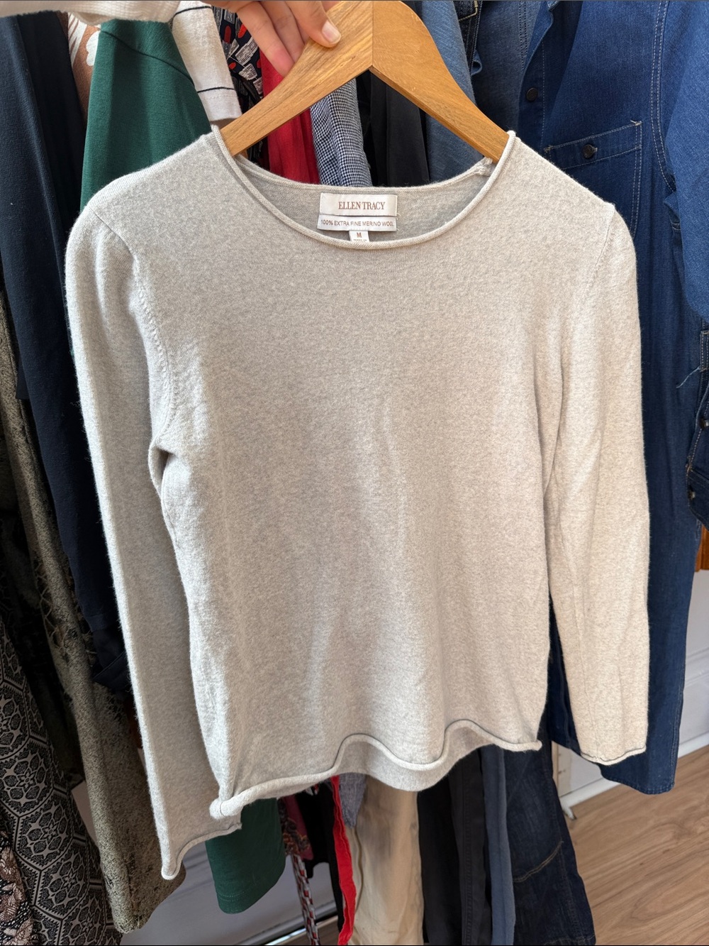 Ellen Tracy Light Gray Merino Crewneck Sweater S/M